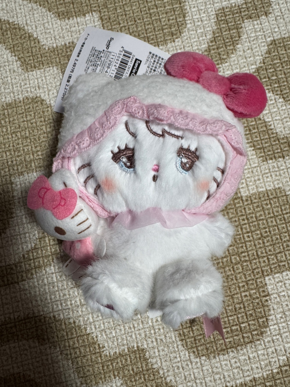 Cat in Hello Kitty outfit White Plush with Pink Bow and Trim